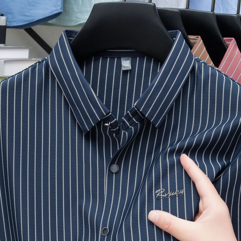 Cross-border Live Explosions Summer New Men's Business Casual Shirt Vertical Strip Dark Pattern Full Traceless Half Sleeve Shirt