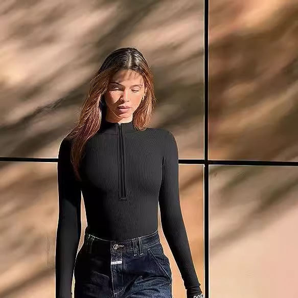 Ribbed Long Sleeve Bodysuit With Front Zipper - Stretchy Soft Fabric For Women, Seamless Layering Top, Comfortable Casual And Night Out Jumpsuit_ecoleips.com