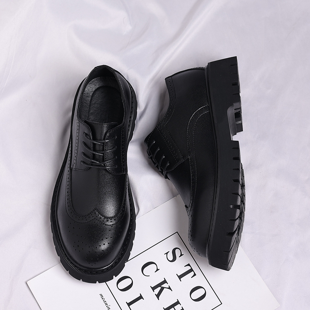 秋季新款厚底布洛克男鞋黑色时尚休闲皮鞋透气防滑皮鞋子大码系带