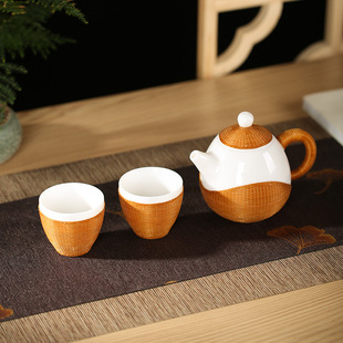 Intangible Cultural Heritage Handmade Bamboo Teapot Tea Set Xishi Pot Bamboo Silk Button Porcelain Tea Cup for Chinese Kung Fu Teapot One Pot Two Cups