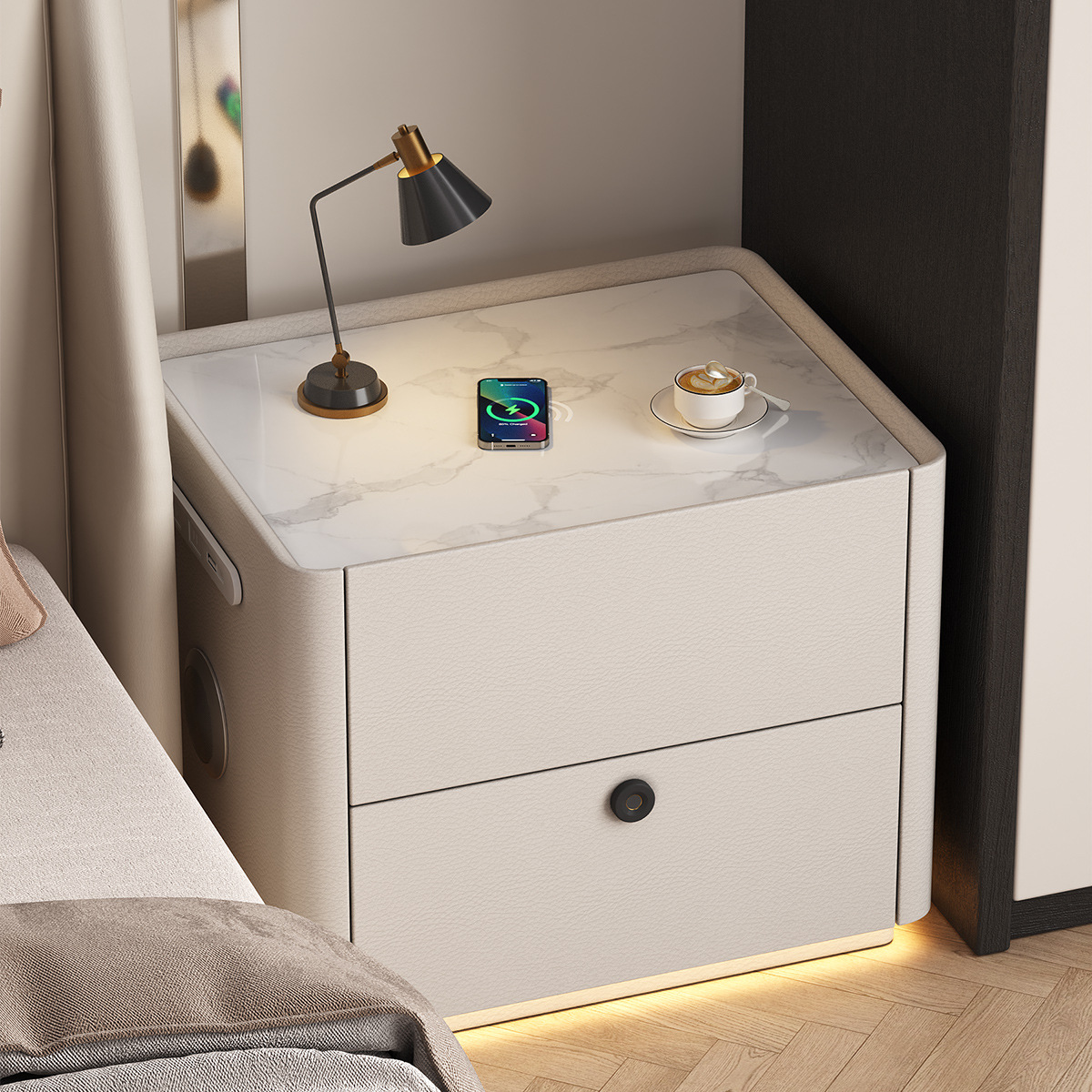 Smart Bedside Table Solid Wood Home Bedroom 2025 New Light Luxury Small Fingerprint Lock Bedside Storage Cabinet