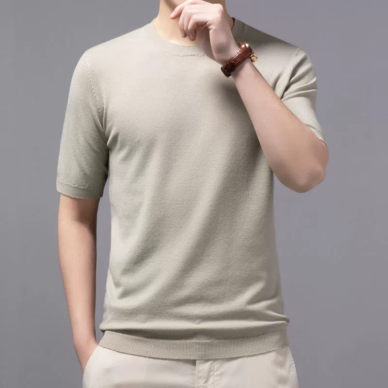23 весной и летом новый мужской трикотаж с круглым вырезом с короткими рукавами топ-рубашка повседневная поездка сплошной цвет пуловер футболка с половиной рукава свитер