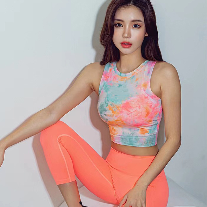 Korean Style Yoga Clothing Women's Tie-Dye Distinctive High Elastic Quick-Dry Sports Fitness Running Training T-Shirt Top with Chest Pad