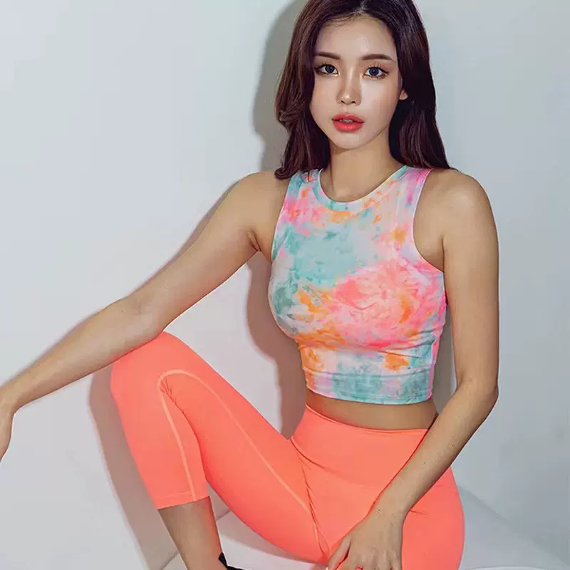 韩版瑜伽服女 扎染个性含胸垫高弹速干运动健身跑步训练T恤衫上衣