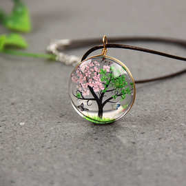 跨境新品干花植物生命树皮绳项链时光宝石玻璃吊坠DIY女毛衣链