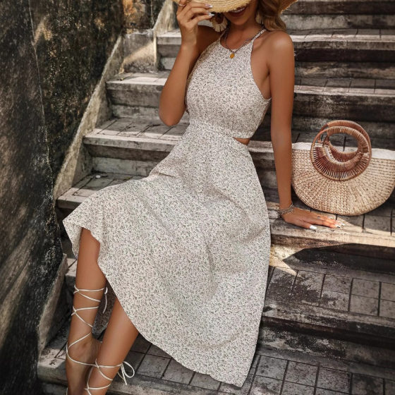 Cross-border European and American floral printed hollow waist strap dress elegant half-high collar sleeveless dress