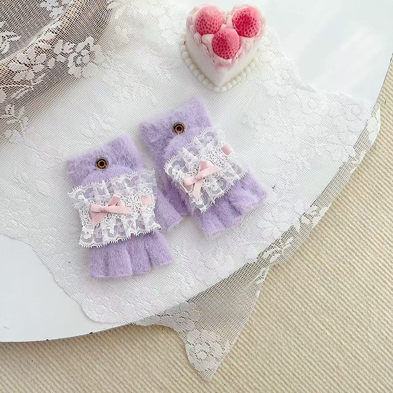 Guantes infantiles para niñas de invierno para estudiantes de primaria escritura para niñas plegable medio dedo guantes móviles peluche 2025 nuevo