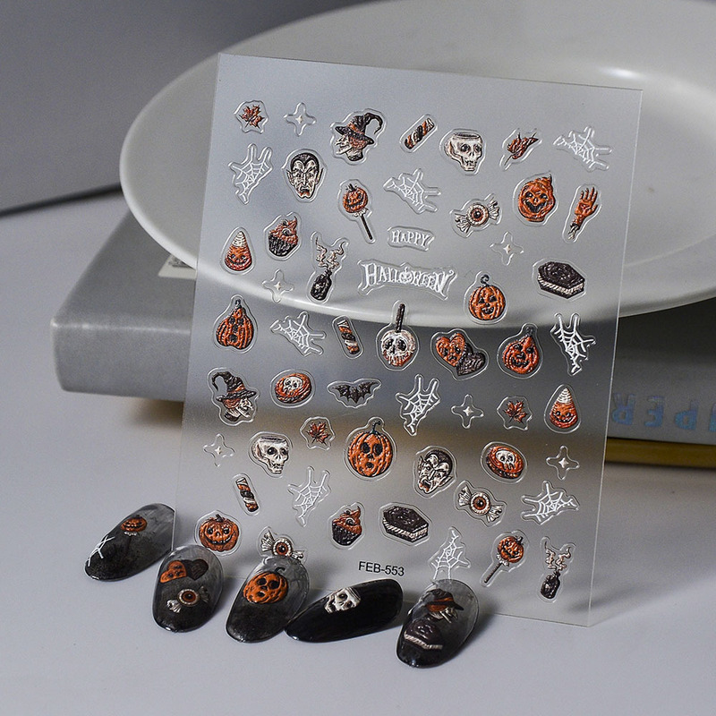 European and American Halloween party pumpkin light embossed nail stickers dress up nail jewelry pumpkin hat spider web