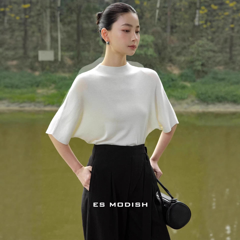 Es Modish Spring New French-Style Lazy Loose-Fitting Mid-Sleeve Knit Sweater with Stand Collar in Solid Color for Women