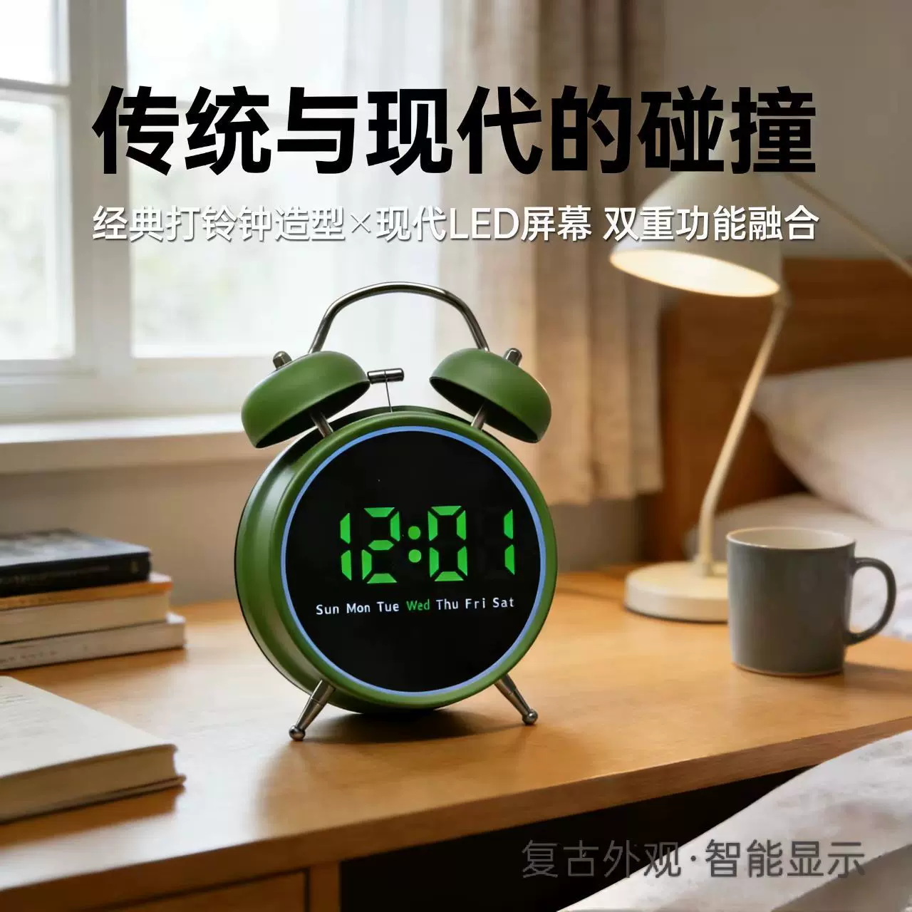 源头工厂  金属打铃 闹钟 温度日期显示床头时钟静音电子钟