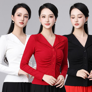 Spring and Autumn New Lapel Thin Cardigan Chest Pleated Slim Base Shirt Long Sleeve V-Neck Top YM2509