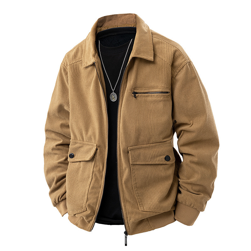 In-Stock Corduroy Men's Jacket Spring Popular Turn-Down Collar Men's Coat for Young and Middle-Aged Single Top Foreign Trade