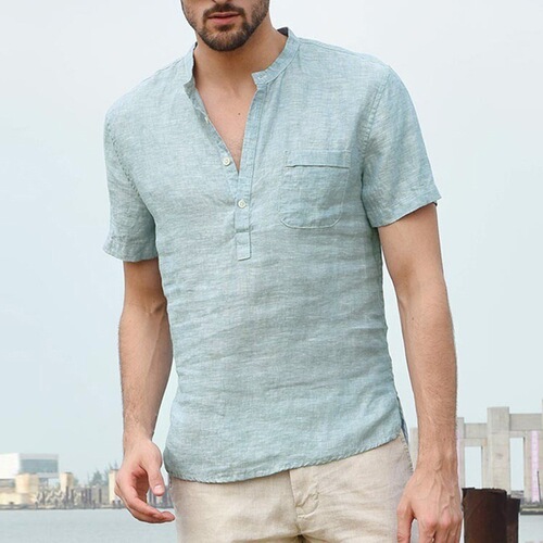 Men's Plain Color Stand Collar Half-Open Thin Short-Sleeve Shirt - Popular in Europe and America, Exports, Casual Men's Clothing