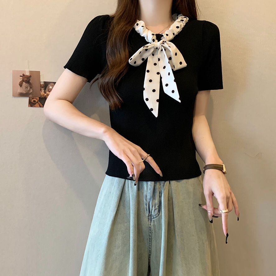 2024 neuer Sommer süßer Polka Dot-Pullover mit Kordelzug, kurzärmeliges Eisseide-Bauchbedeckung, kleines duftendes Streifenoberteil für_voghion.com