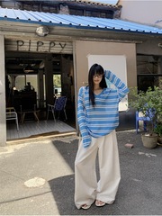 2025新款慵懒风V领条纹长袖T恤女装秋季宽松百搭显瘦防晒罩衫上衣