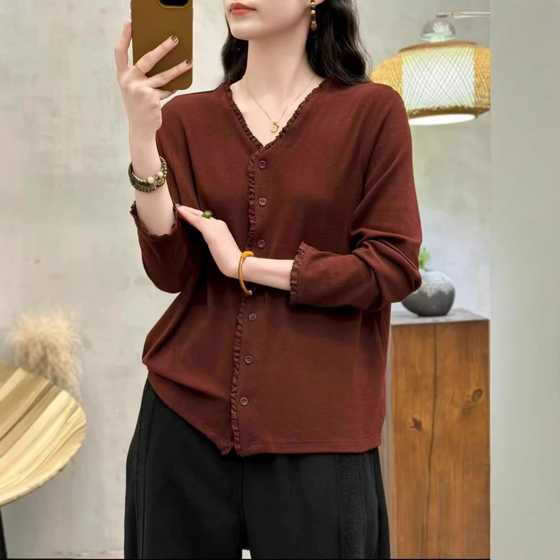 2026 Spring New Artistic Versatile Loose Casual Slimming Lace Long Sleeve V-Neck Stretchy Base Shirt for Women