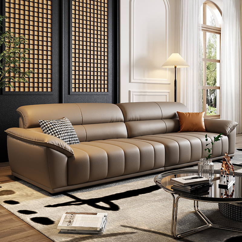 Italian Minimalist Leather Sofa Living Room Small Household Head Made of Calfskin Home Use Straight Retro Brown Fashion Sofa