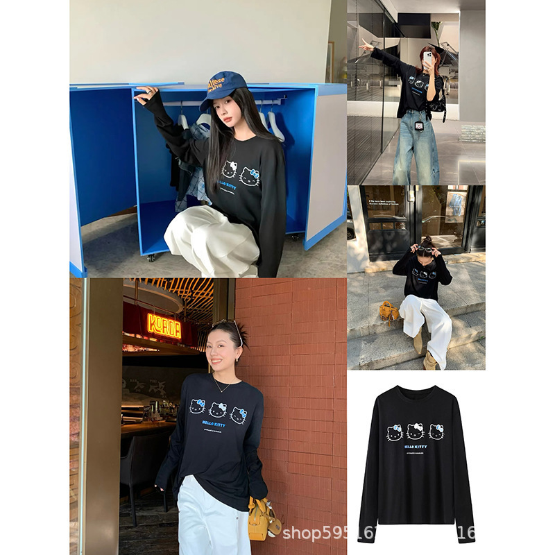 高品质2025新款小众设计感猫咪印花蝴蝶结带钻长袖T恤上衣女潮牌|undefined