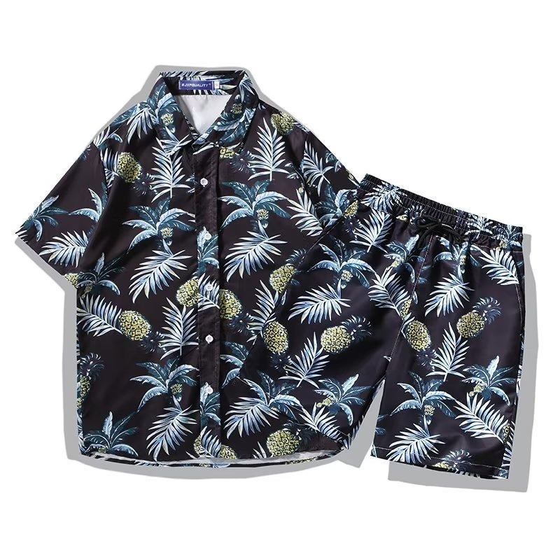 Men's Tropical Print Short Sleeve Shirt And Shorts Set, Quick-Dry Hawaiian Beach Outfit, Matching Couple Vacation Two-Piece Set​_viptrois.com