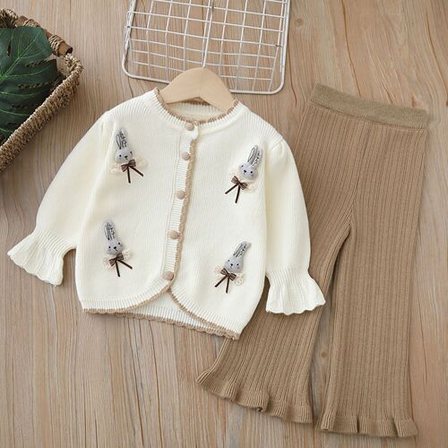 Children's sweater set of two pieces, knitted set,  autumn and winter new cartoon rabbit girl sweet knit sweater