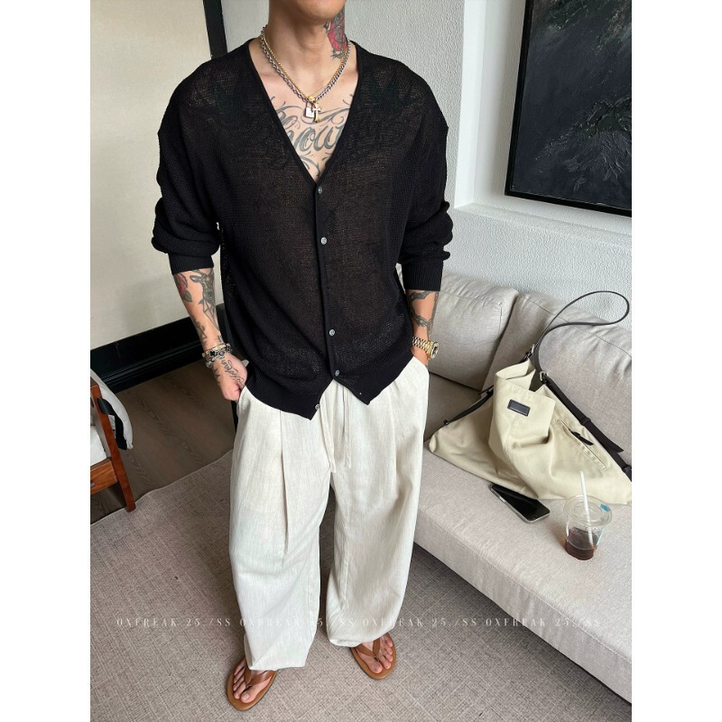 Cleanfit Basic Korean-Style Linen Cardigan with V-Neck Design, Minimalist and High-End Feel, Loose-Fitting Long-Sleeve Top for Commuting