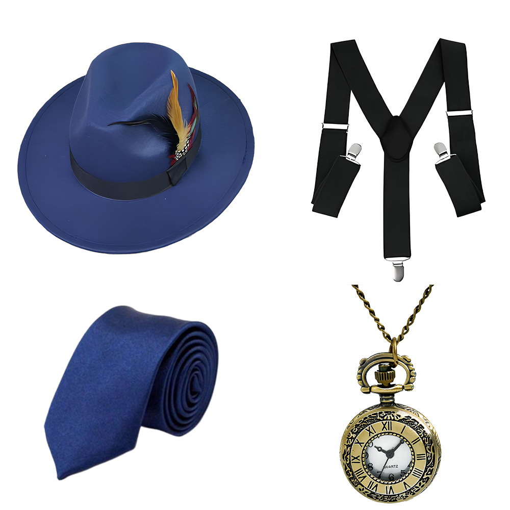 1920s Gatsby Party Dress Up Correa Reloj de bolsillo Barba falsa Traje Vestido de moda Sombrero de copa Corbata Años 20