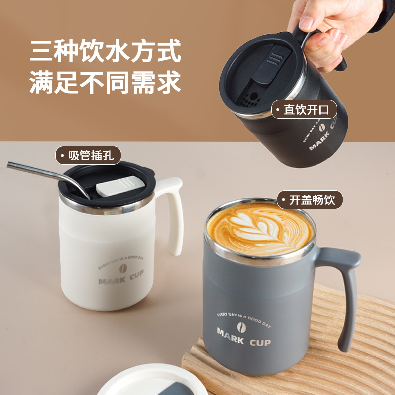 304 taza de acero inoxidable simple ins estilo taza de café con tapa portátil taza de desayuno del hogar con paja taza de agua