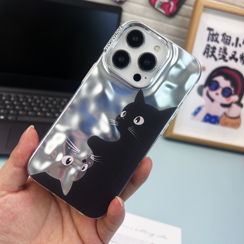 Nicho gato blanco y negro iPhone13 electrochapado agua ondulación 14 caja del teléfono Promax 12 para Apple 15 pareja