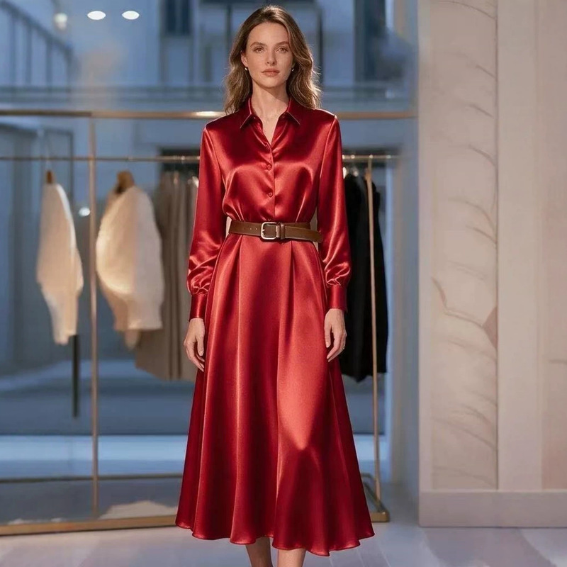 European and American cross-border foreign trade autumn women's clothing, solid color faux silk European and American style long-sleeve, collared, waist-cinching, mid-length dress European and American cross-border foreign trade autumn women's clothing, solid color faux silk European and American style long-sleeve, collared, waist-cinching, mid-length dress