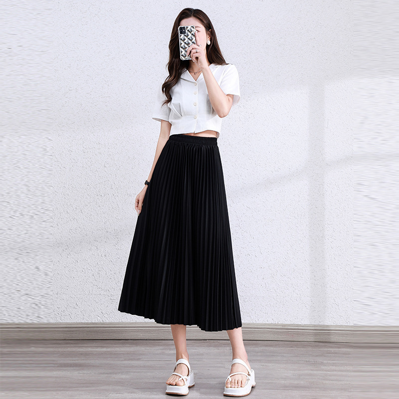 Black Skirt Women's Summer 2025 New High-Waisted Slimming Look Draped Mid-Length Pleated Skirt Crotch-Covering A-Line Umbrella Skirt