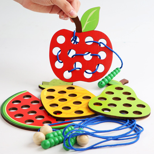 treehole wooden worm eating apple fruit threading board toy 0.3 young children Montessori early education threading teaching aids