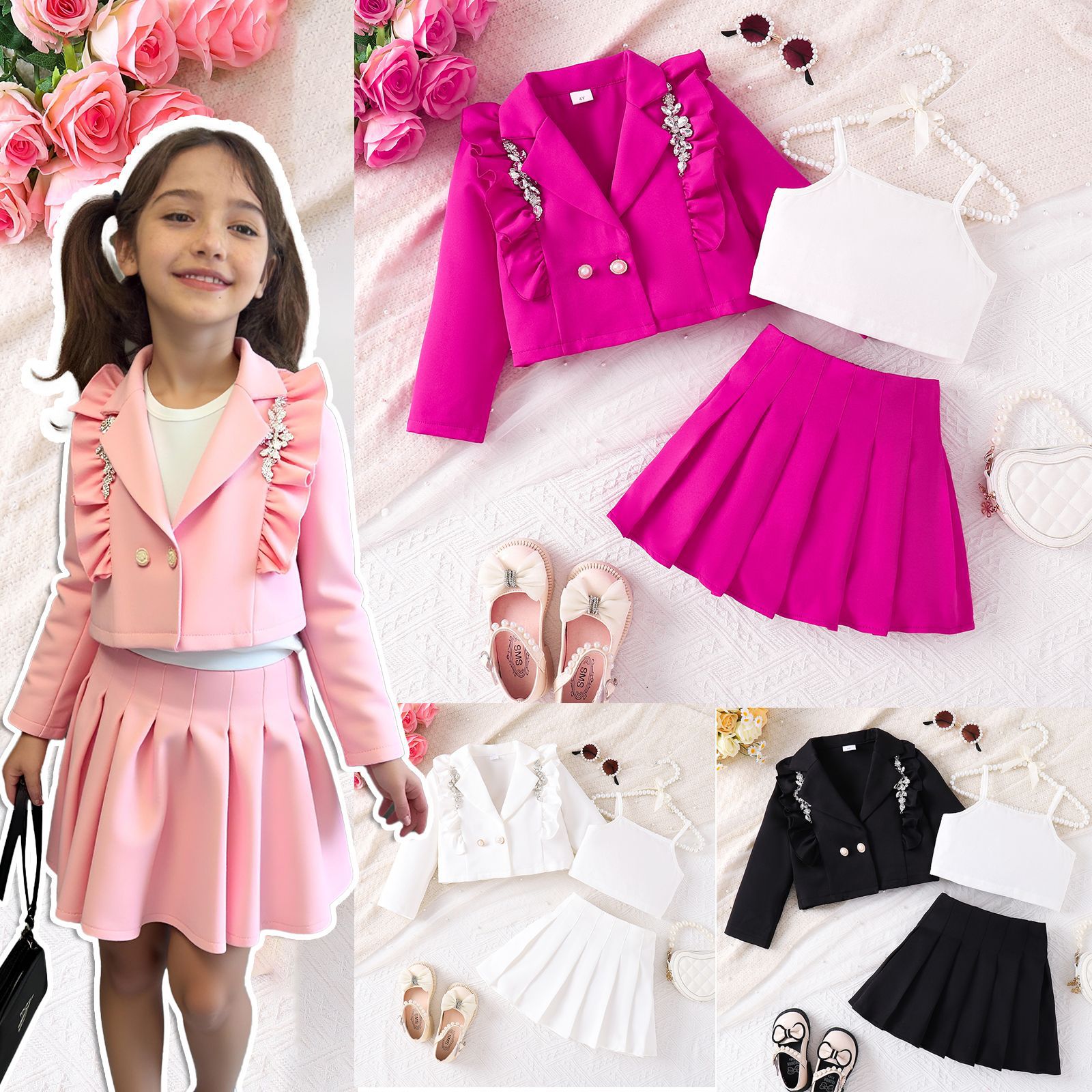 2025 Cross-Border New European and American Spring and Autumn Girls' Pendant Blazer Camisole Pleated Skirt Three-Piece Suit