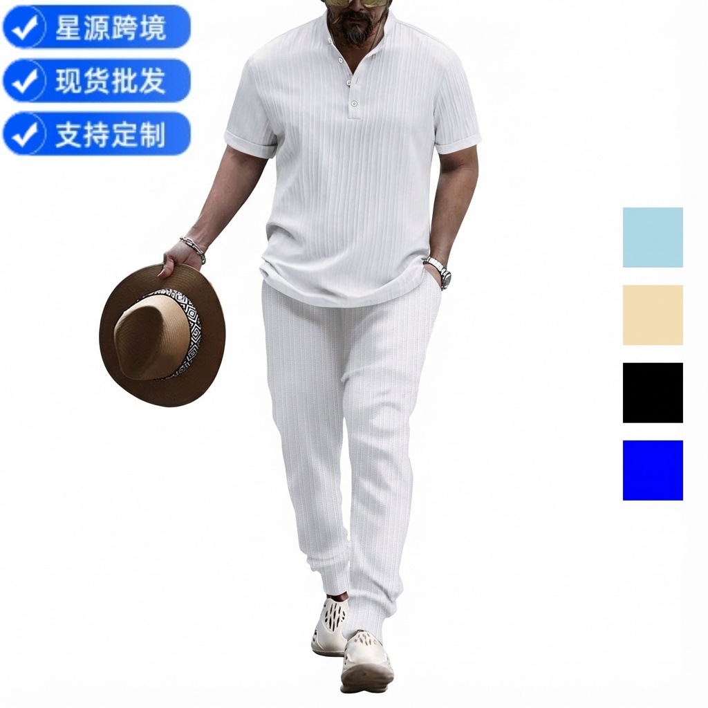 2024 봄과 가을 아마존 AliExpress 유럽과 미국 국경 남성 셔츠 캐주얼 반팔 바지 비치 세트