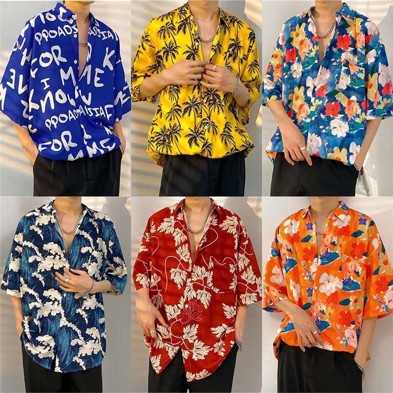 Hong Kong Style Retro Vintage Floral Shirt Short-Sleeved Sanya Hawaiian Style Design Handsome Loose Shirt for Men and Women