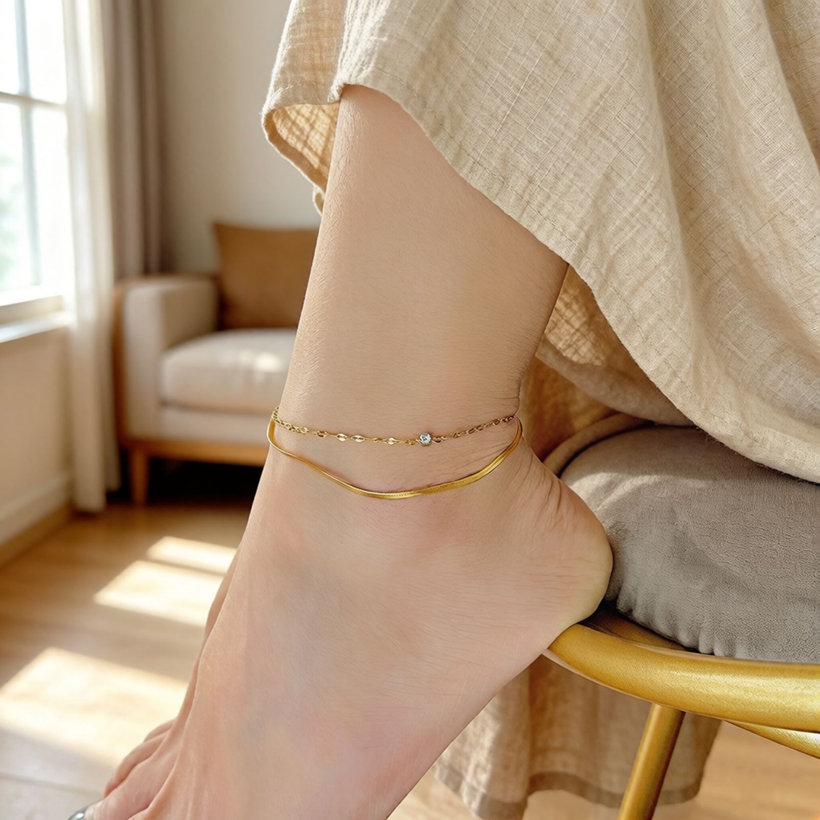 Tide de acero de titanio de doble capa de amor pulsera de tobillas de mujer chapado en oro 18K nuevo estilo universal no se desvanece de moda ligera pulsera de lujo