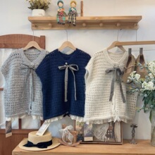 秋冬新款森女日系蝴蝶结带胸针织马甲宽松百搭背心套头毛衣上衣女