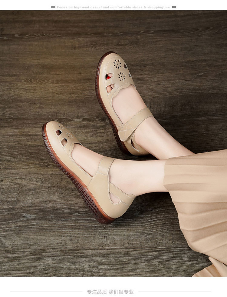 Sandal da thật nữ đế cao su bệt thoáng khí, phong cách thoải mái cho mẹ — màu đen chi tiết 11