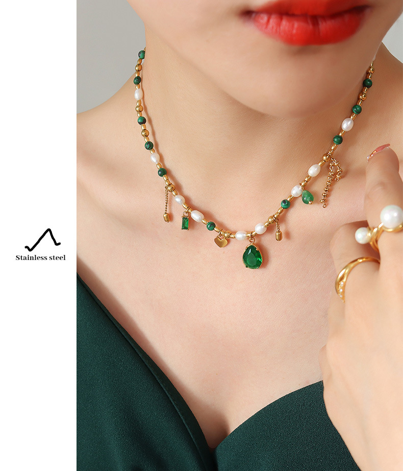 Fashion Water Droplets Titanium Steel Pendant Necklace Tassel Plating Inlay Pearl Zircon Stainless S