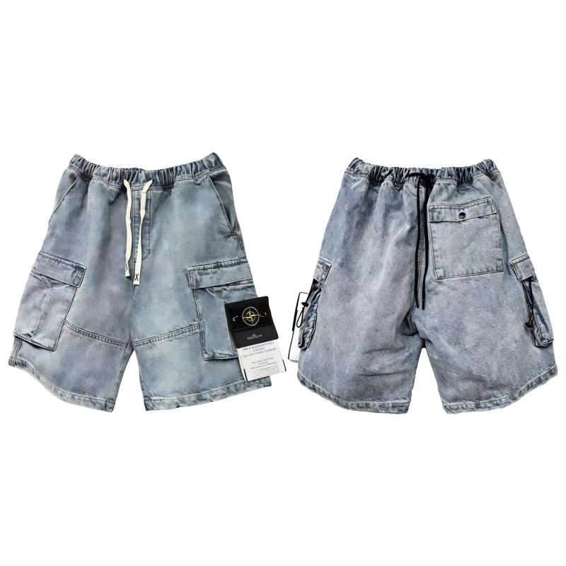 Cross-Border Stone Stone-Washed Elastic Waist Bermuda Casual Loose-Fitting Five-Point Shorts with Multiple Pockets Denim Shorts