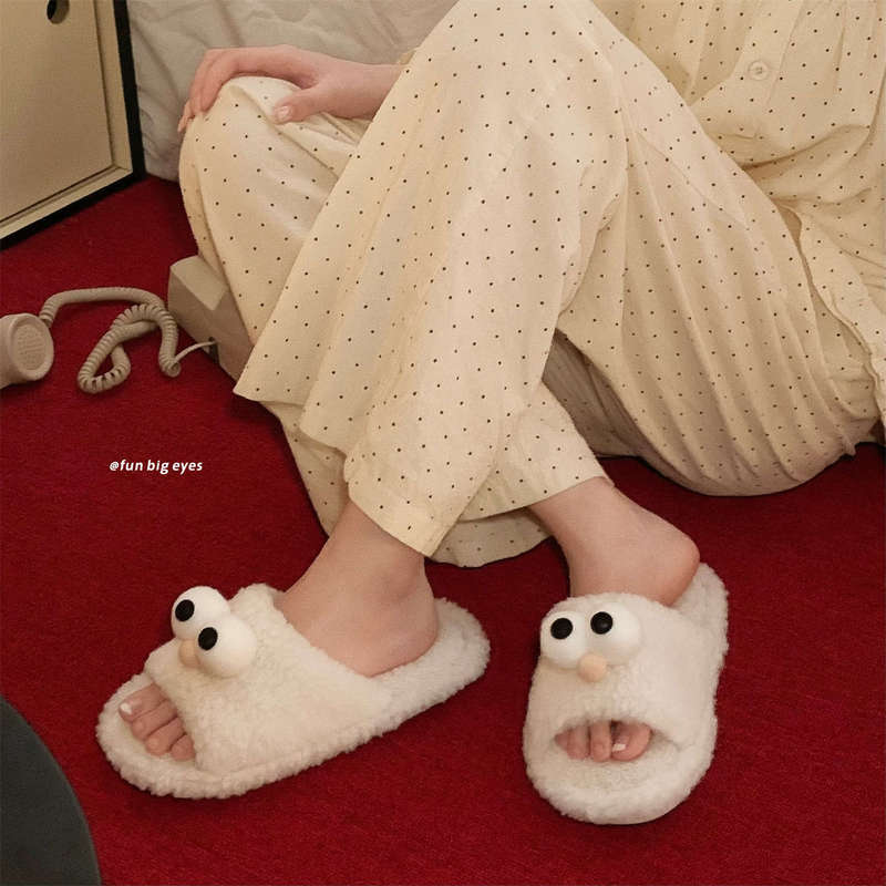 Soft-Soled Home Autumn and Winter Student Fun Eyes Lamb Wool Cotton Slippers for Couples Warm and Comfortable Floor Shoes for Men and Women