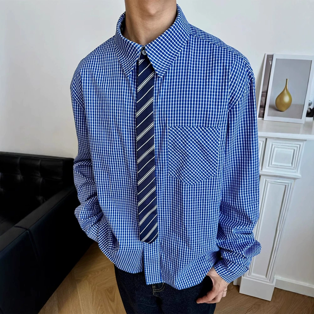 Синий поддельный галстук из двух частей клетчатая рубашка мужская весна чувство высокого уровня дизайн рубашка американская куртка cleanfit