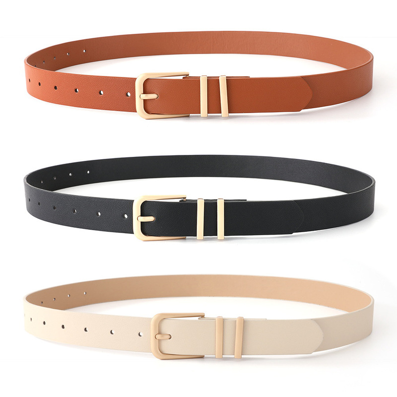 Cross-Border Popular Double Ring Belt for Women, Simple and Versatile Decorative Dress, Jeans, Fashionable Gold Buckle Women's Belt