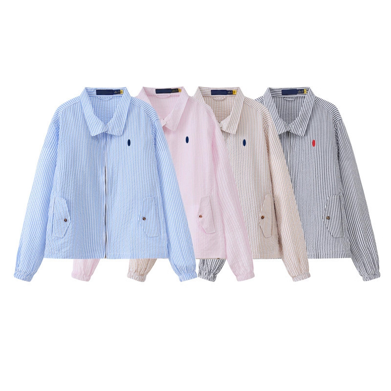 Early Autumn Women's Thin Jacket with Stand Collar, Zipper, Long Sleeves, Bubble Cotton, Striped Design, and Small Horse Logo, Casual Jacket Early Autumn Women's Thin Jacket with Stand Collar, Zipper, Long Sleeves, Bubble Cotton, Striped Design, and Small Horse Logo, Casual Jacket