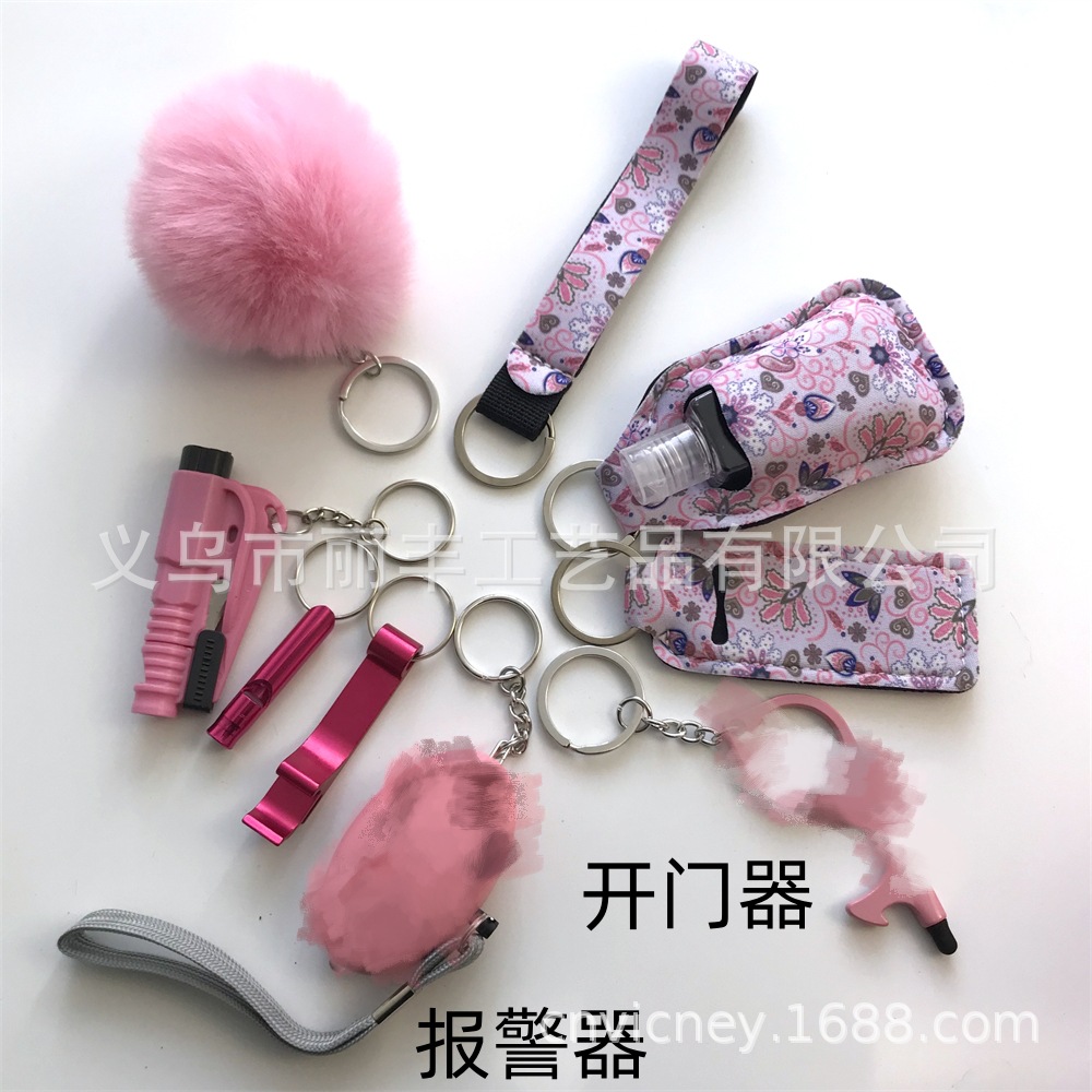 Llavero de muñeca de espejo cruzado Juego de 10 piezas Bolsa de desinfectante de manos para mujer Llavero de alarma de aluminio