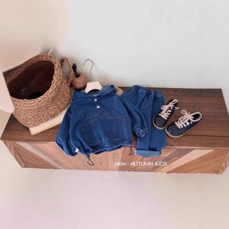 Boys' Spring Denim Outfit, Stylish Hoodie and Solid Color Jeans Two-Piece Set for Boys and Girls, Trendy