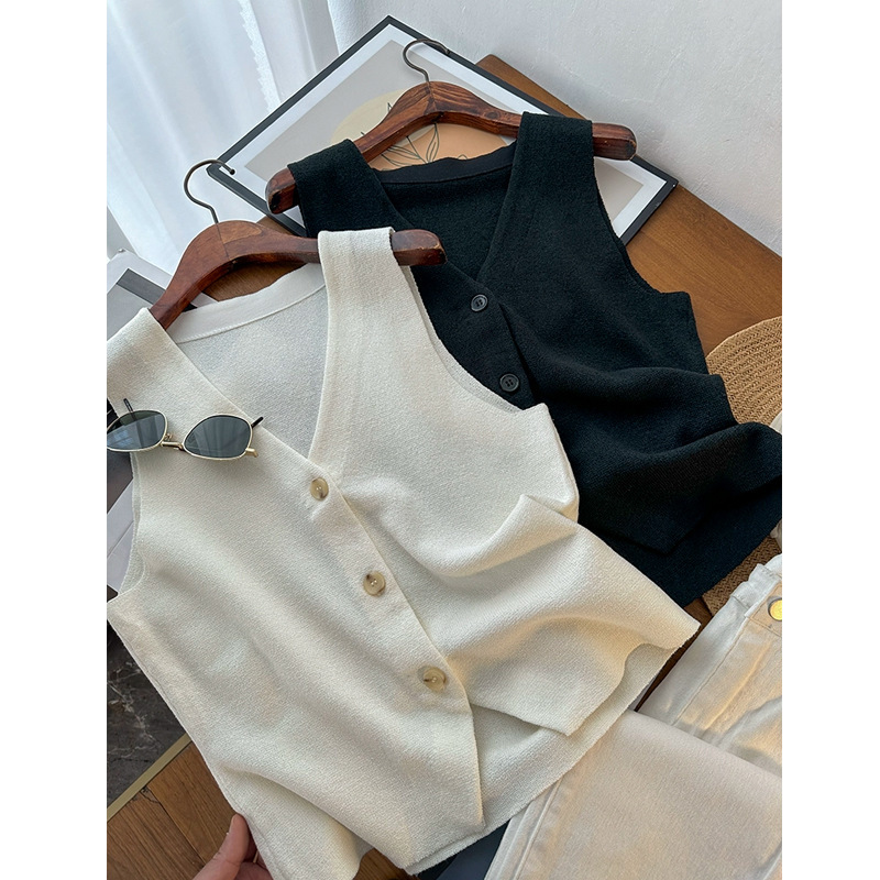 Minimal wind! Standard V-Neck Single-Breasted Knitted Vest Solid Color Sleeveless Vest Top Women's Spring and Summer New