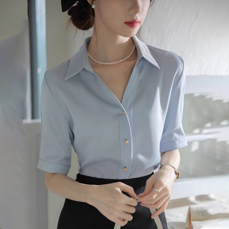 Online Shirt Women's Short-sleeved Thin V-neck Blue Middle-sleeved Business Wear Interview Forsuit Women's Suit Shirt Work Clothes