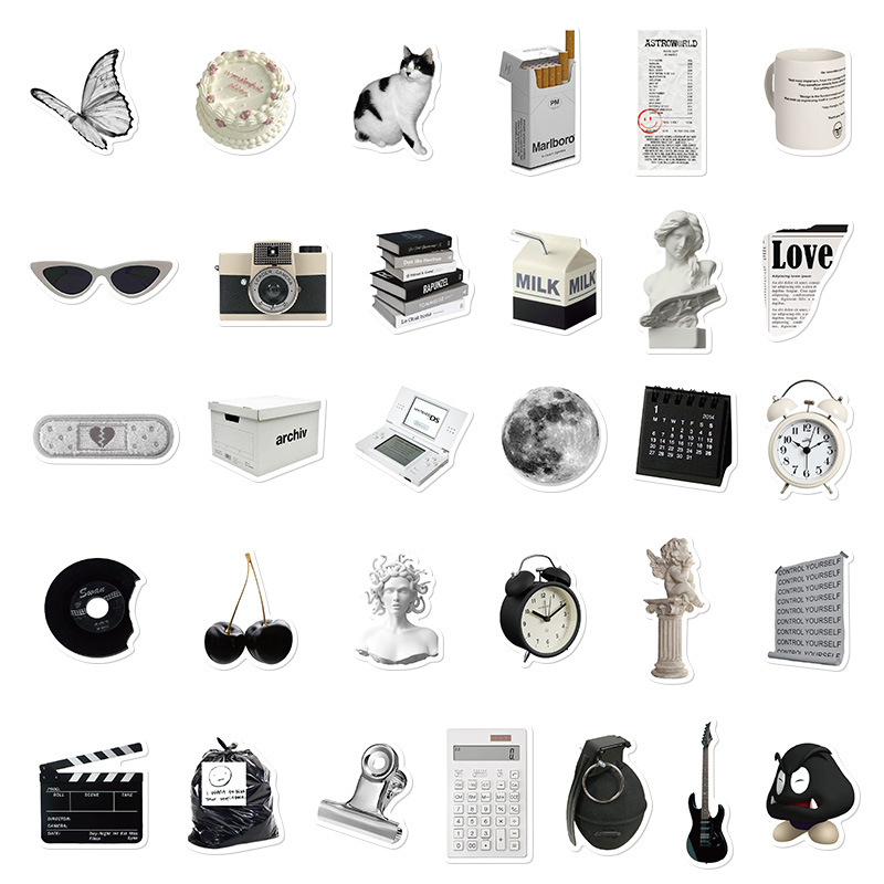 61 blanco y negro simple estilo pegatinas portátil taza de agua mano libro teléfono caso decorativo impermeable DIY pegatinas