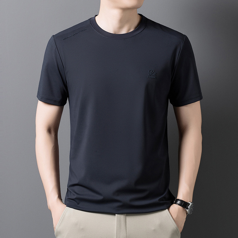 ラウンドネック夏メンズ半袖新しいルーズトレンディカジュアル半袖ファッションアイスシルククールメンズTシャツドロップシッピング|undefined