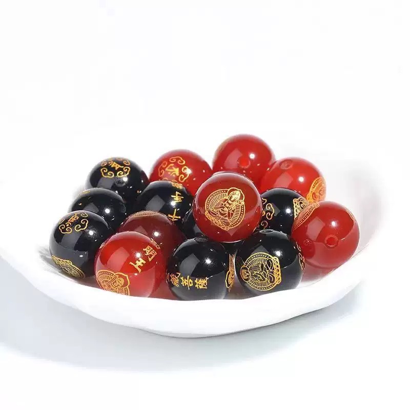 Twelve Zodiac Beads, Black Agate Birth Year Buddha Beads, Eight Guardian Deities, Double-Sided Gold-Plated Glass Birth Year Buddha Spacer Beads